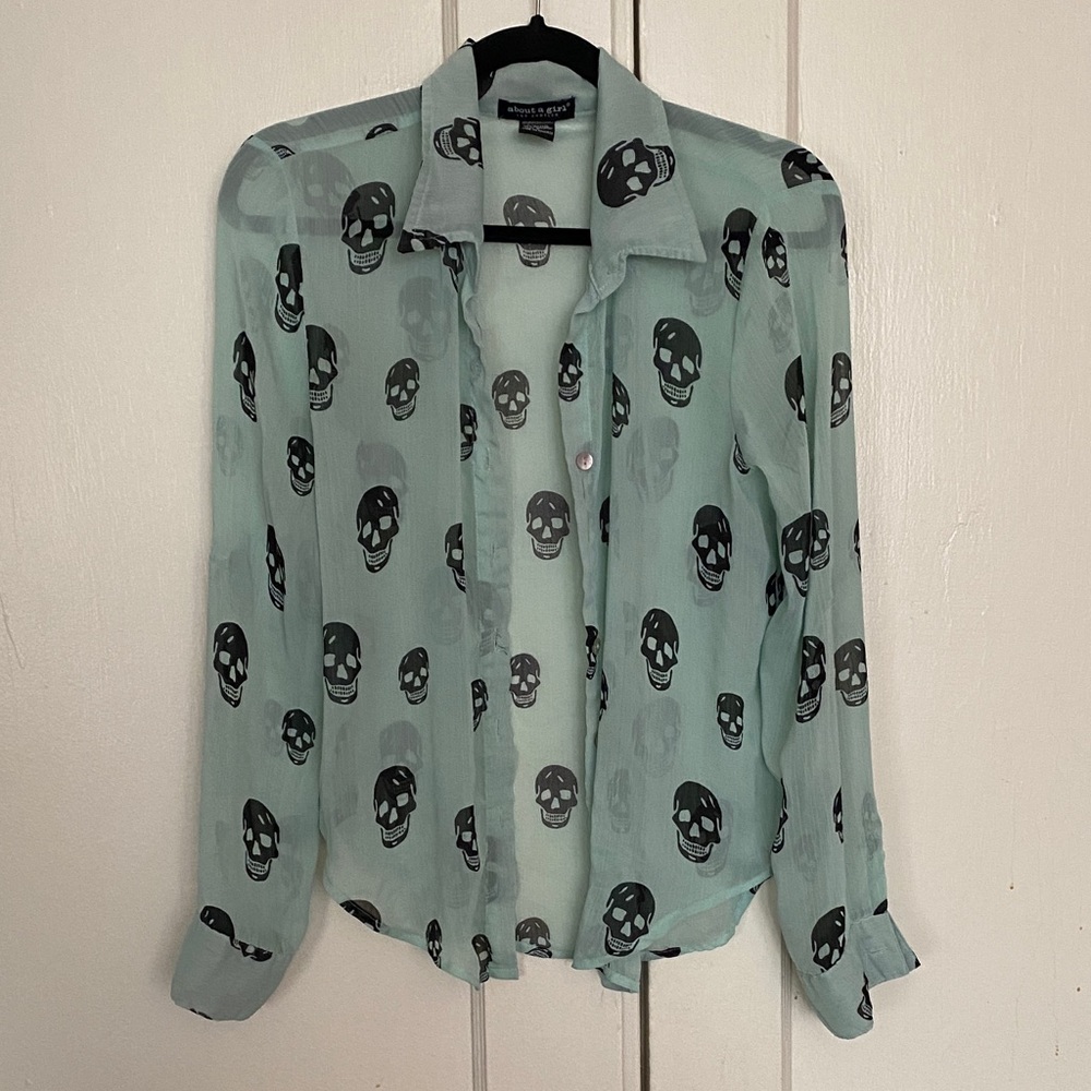 Late 2000s Mint Skull sheer button down top